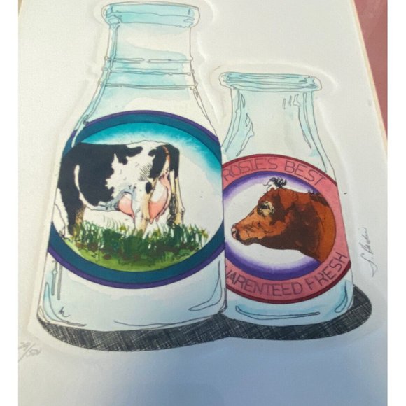 Darlene Hardie Cow Milk Bottle Etching Print Colored Framed Signed‎ Farmhouse - Picture 3 of 11